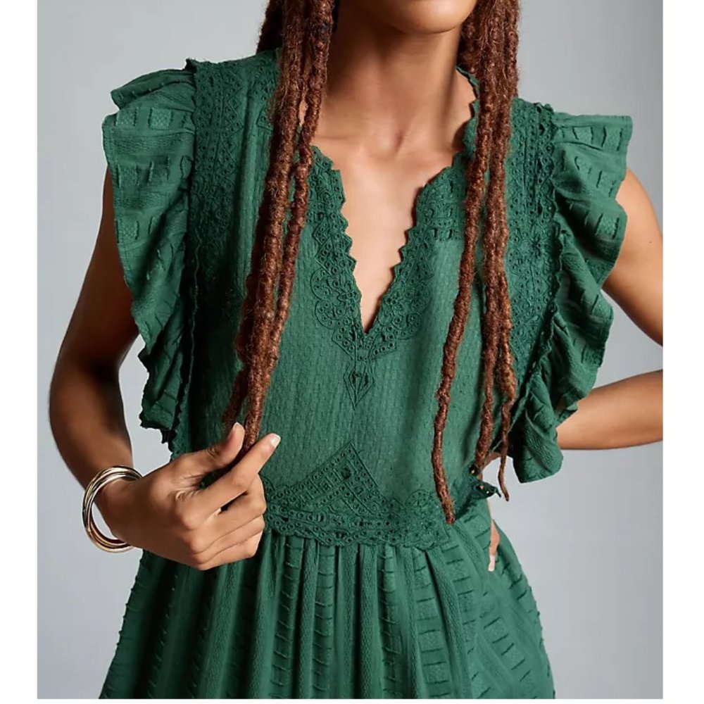 By Anthropologie Embroidered Flounce Jumpsuit Green Blue Sage XS - Picture 3 of 10